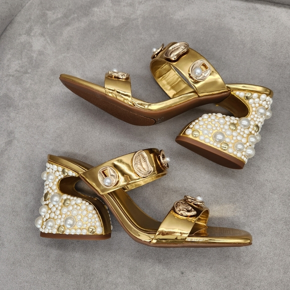 Gianni Bini Shoes - Gianni Bini Dress Sandals 9.5 Gold Penei Architectural Chunky Jewel Heel New$150